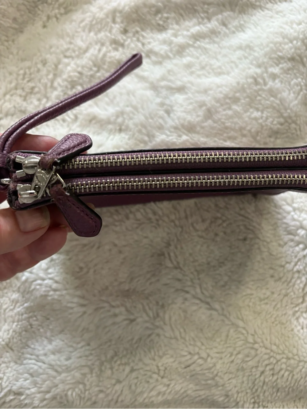 COACH Plum Pebbled Leather Double Zippered Wristlet Clutch